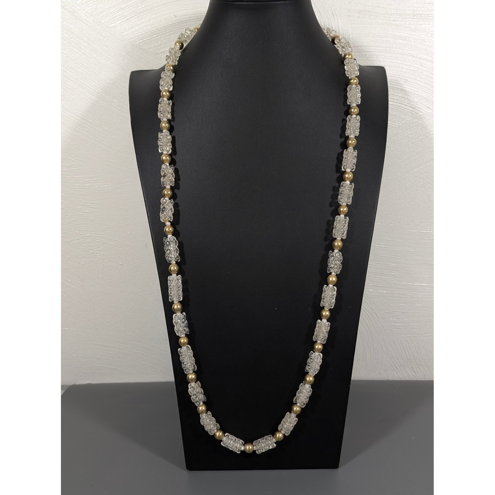 Vintage Lucite Popcorn Bead‎ Necklace Clear Gold Tone Long 36"